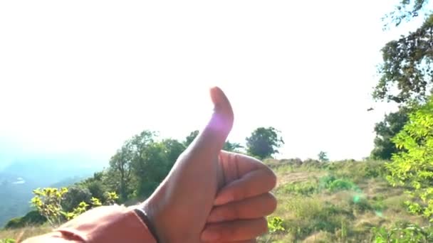 澄んだ青い空に親指を上げる手は背景再び太陽の光です。表現する人 — ストック動画