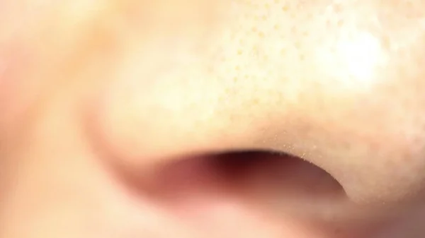 Mannelijke neus adem extreme close-up reukvermogen, menselijke anatomie — Stockfoto