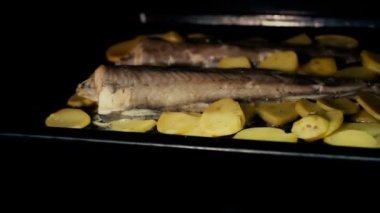 Balık ve patates kızartması yemek. Balık ve patates fırında pişmiş. Sağlıklı yemek, lezzetli yemek.