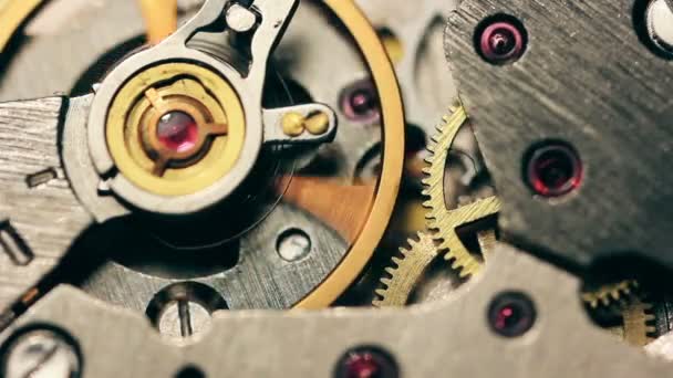 Klocka mekanism makro slinga. Gamla vintage klocka mekanism fungerar, närbild skjuten med mjukt fokus. Stäng — Stockvideo