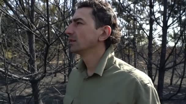 Hombre desesperado parado en un bosque quemado por un incendio forestal, catástrofe ecológica — Vídeos de Stock