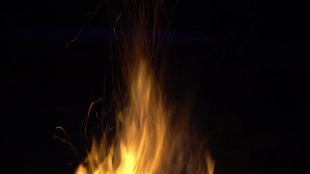 Campamento chimenea en la noche quemando efecto persiana larga — Vídeos de Stock