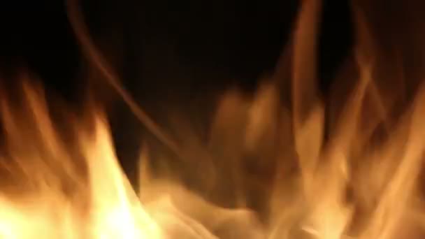 Lagerfeuer in der Nacht. Brennende Baumstämme in orangefarbenen Flammen aus nächster Nähe. Hintergrund des Feuers. schön — Stockvideo