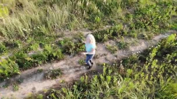 Aerial drone view of beautiful young blons woman dancing with colored smoke in field postitive — Stock Video