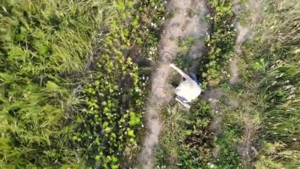 Bovenaanzicht mooie en gezonde vrouwelijke ademhaling zachtjes en zit in pose van Lotus of sukhasna — Stockvideo