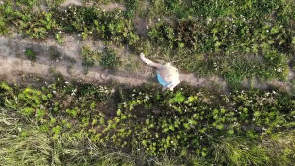 Vista aérea del dron de la hermosa joven rubia bailando con humo de color en el campo postitivo — Vídeo de stock