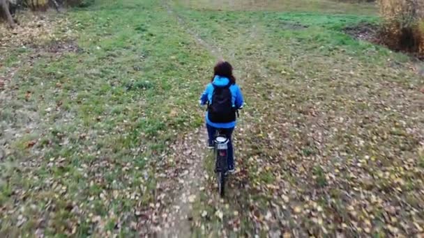 Γυναίκα ποδηλάτης ιππασία ποδήλατο το φθινόπωρο κίτρινο φύλλα πάρκο, εναέρια βολή, τον τρόπο ζωής του αθλητισμού — Αρχείο Βίντεο
