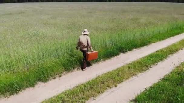 Людина одна йде по сільській дорозі в зеленому полі, зворушливо росте жито, тримаючи валізу в руці — стокове відео