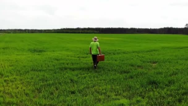 Eenzame verwarde man loopt door groen veld, houdt koffer in een hand, keuze verwarring reizen — Stockvideo