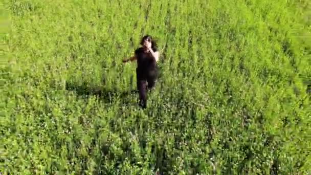 Donna che corre e salta in un campo verde all'aperto, concetto di felicità, libertà, ispirazione, tiro — Video Stock