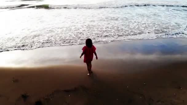 Frau in rotem Kleid, die bei Sonnenuntergang am Sandstrand am Meer ins Wasser geht, inspirierend — Stockvideo