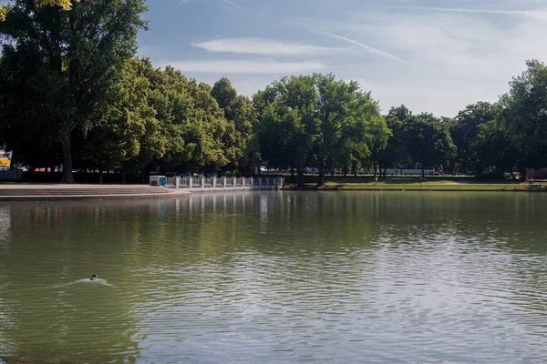 Schöne Parkszene Öffentlichen Park Mit Grünem Rasen Grünem Baumbestand Blauem — Stockfoto