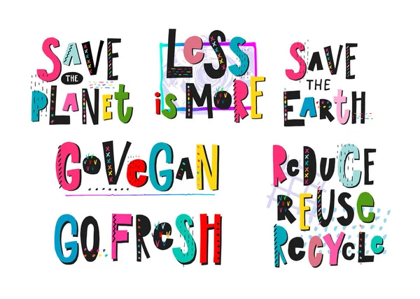 Salva Planet Go Vegan riciclare stampa citazione lettering — Vettoriale Stock
