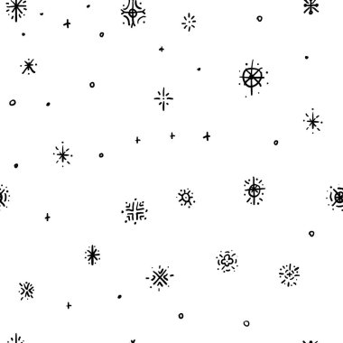 Kış el çekilmiş kar taneleri karalamalar seamless modeli doodles. Şirin, basit vektör kar Tekstil, kağıt, ambalaj için kartpostal ve poster grafik tasarım için el çekilmiş stil Noel arka planlar.