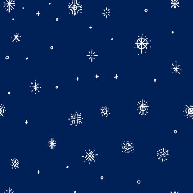 Kış el çekilmiş kar taneleri karalamalar seamless modeli doodles. Şirin, basit vektör kar Tekstil, kağıt, ambalaj için kartpostal ve poster grafik tasarım için el çekilmiş stil Noel arka planlar.