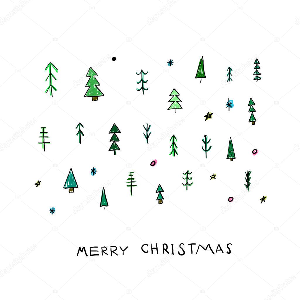Merry Christmas tree Happy New Year simple card. Winter Holidays vector. Forest snow postcard graphic design element. Cute Hand written primitive small sign. Kids drawing Children hand made naive art