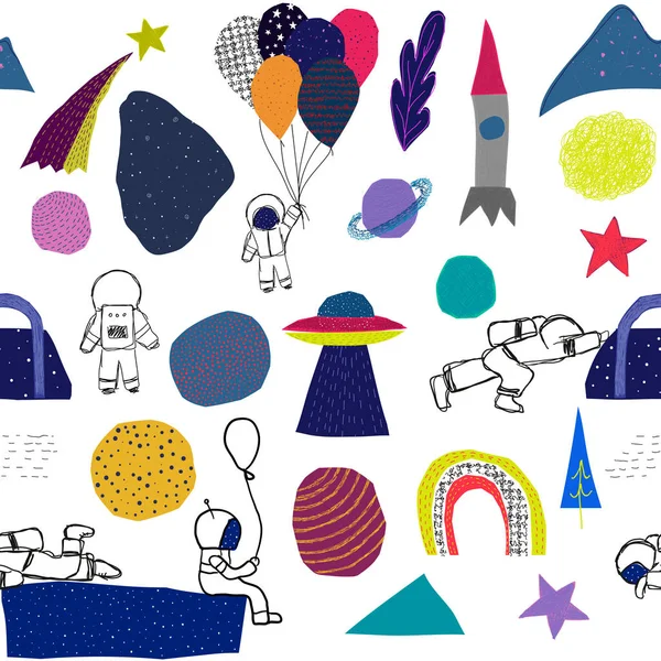 Universe Space Planet Star astronaut balloon seamless pattern moon rainbow travel cosmos astronomy graphic design typography element. Hand written postcard. Cute simple vector paper cutout collage