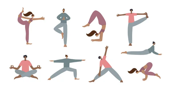 Yoga estudio asana pose personas vector ilustración — Vector de stock