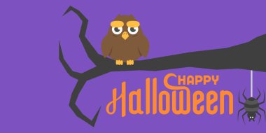 Mutlu cadılar bayramı harfleri ve baykuş mor arka planda dalları