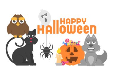 Farklı cadılar bayramı karakterli mutlu Cadılar Bayramı kartı 