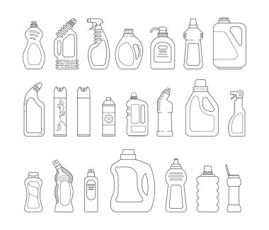 Satırı simgesi farklı şişe deterjan, temizleyici sprey, Oda spreyi, Çamaşırhane sıvı ayarla 