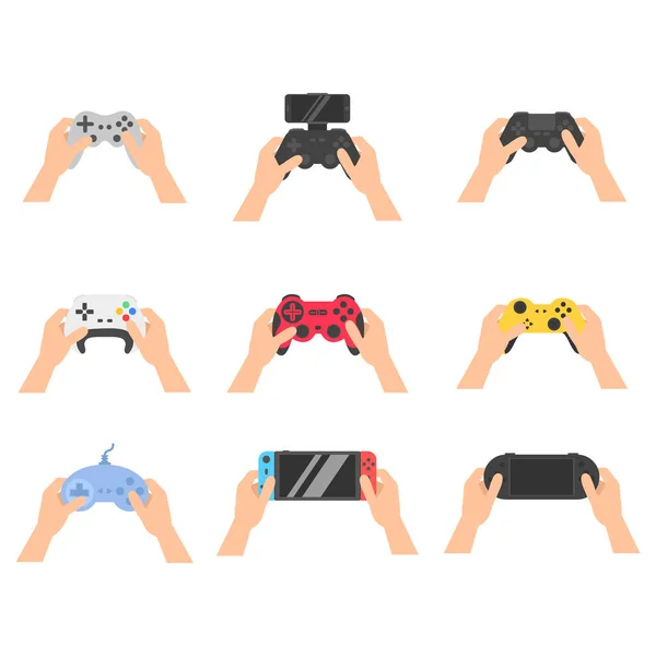 Set Icon Retro Modern Gampads Joysticks Game Hands Flat — Stock Vector