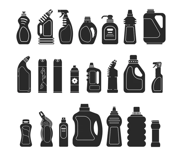 Állítsa Silhouette Ikon Különböző Üveg Mosó Tisztítószerek Tisztító Spray Légfrissítő — Stock Vector