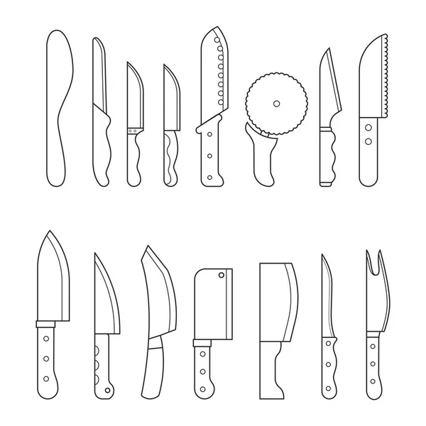 Set Icon Line Küchenstahlmesser Mit Holzgriff — Stockvektor