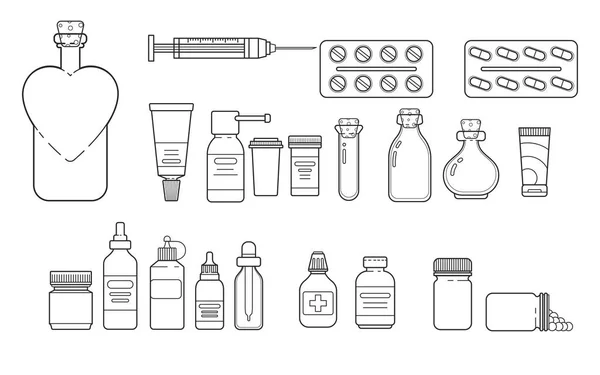 Establecer Icono Línea Diferentes Tubo Médico Botella Aerosol Velo Con — Vector de stock