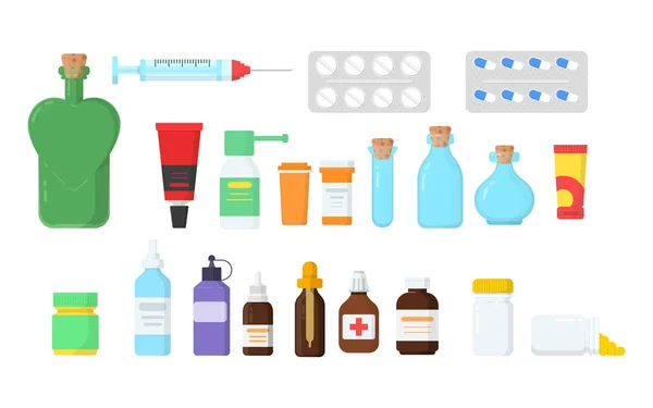 Ikona Zestaw Różnych Medycznych Tube Butelka Spray Vail Tabletki Maść — Wektor stockowy