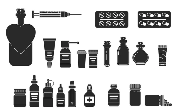 Σετ Σιλουέτα Εικονίδιο Διαφορετική Ιατρική Σωλήνα Μπουκάλι Σπρέι Και Vail — Διανυσματικό Αρχείο