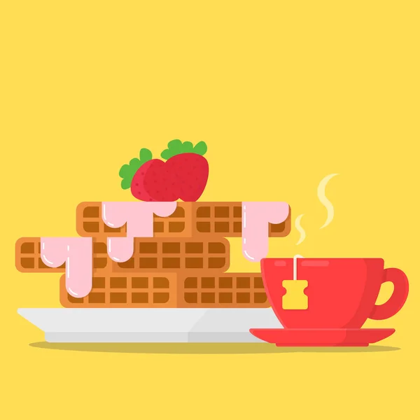 Concept Breakfast Waffles Strawberries Jam Cup Tea — Stock Vector