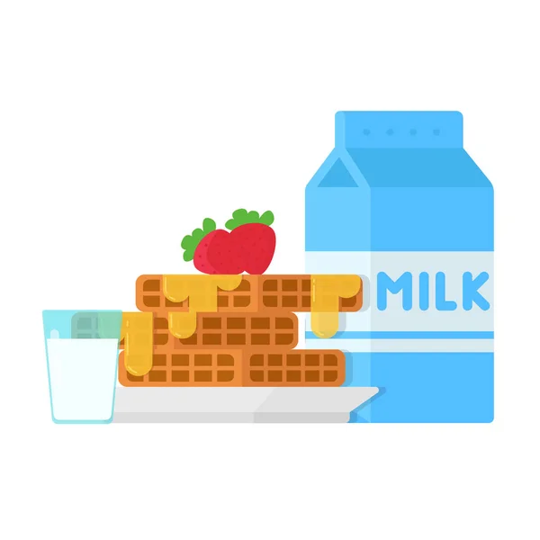 Έννοια Πρωινό Βάφλες Φράουλες Και Γάλα — Διανυσματικό Αρχείο