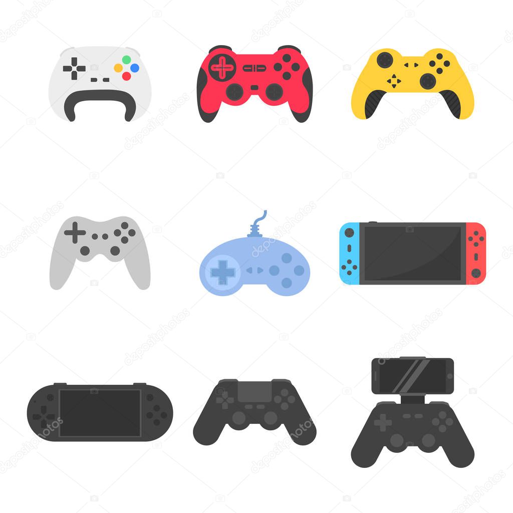 Set icon retro and modern gampads and joysticks for game flat
