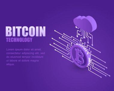 Kavram bitcoin teknoloji. Vektör çizim izometrik bitcoin sikke ve dijital bulut. Açılış sayfası online blockchain bulut