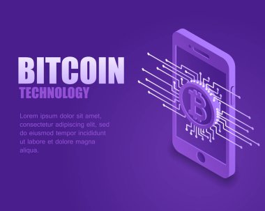 Kavram bitcoin teknoloji. Vektör çizim izometrik dijital bitcoin para ekran telefon. Açılış sayfası dijital online cryptocurrency