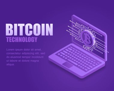Kavram bitcoin teknoloji. Vektör çizim izometrik dijital bitcoin sikke üzerinde ekran dizüstü bilgisayar. Açılış sayfası dijital online cryptocurrency