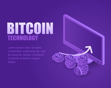 Kavram iş bitcoin. Vektör çizim izometrik oranı büyüme cryptocurrency ekran bilgisayar hakkında. Açılış sayfası iş dijital para