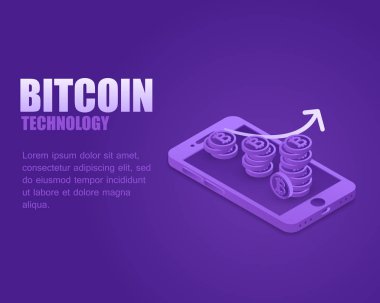 Kavram iş bitcoin. Vektör çizim izometrik oranı büyüme cryptocurrency ekran smartphone. Açılış sayfası iş dijital para