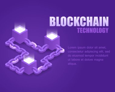 Kavram blockchain teknoloji. Vektör çizim izometrik parlak blok ve dijital zinciri. Açılış sayfası dijital blockchain veri