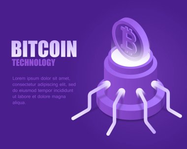 Kavram bitcoin teknoloji. Vektör çizim izometrik parlak blok kripto para birimi. Açılış sayfası dijital blockchain ve cryptocurrency