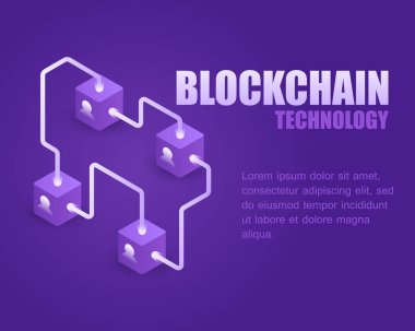 Kavram blockchain teknoloji. Vektör çizim izometrik parlak blok ve dijital zinciri. Açılış sayfası dijital blockchain ve cryptocurrency