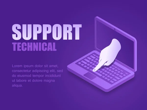 Concept support technical. Vector illustration isometric hand press on button of screen laptop landing page