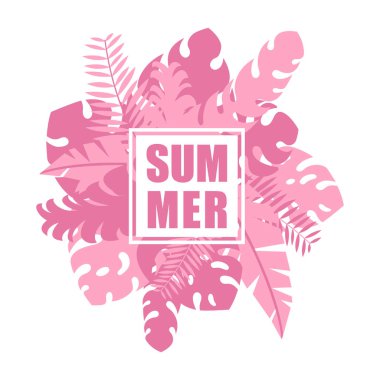 Tropikal orman pembe bırakır ve yaz metin şablon kartı ile bitkiler