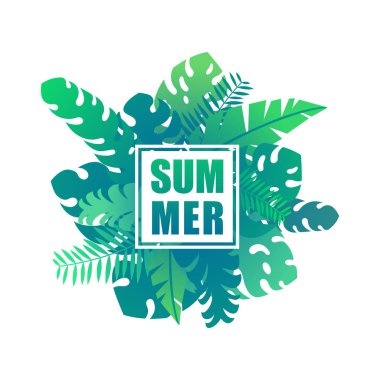 Tropikal orman bırakır ve yaz şablon kartı beyaz arka plan üzerinde yazı ile bitkiler