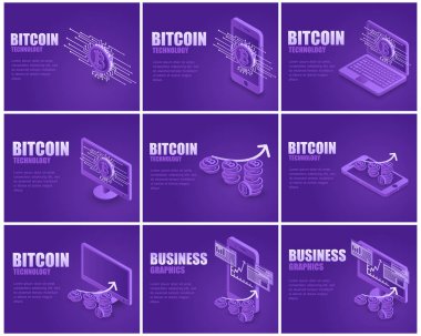 Kavram iş bitcoin ayarlayın. Vektör çizim izometrik oranı büyüme cryptocurrency ekranlı modern cihazlar üzerinde. Açılış sayfası iş dijital para