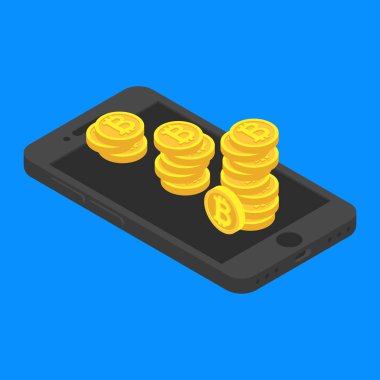 Kavram bitcoin cryptocurrency sikke üzerinde ekran modern smartphone izometrik