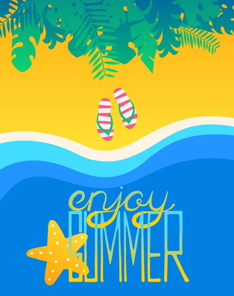 Affisch Sommaren Tropisk Strand Med Bokstäver Och Flip Flops Sandstrand — Stock vektor