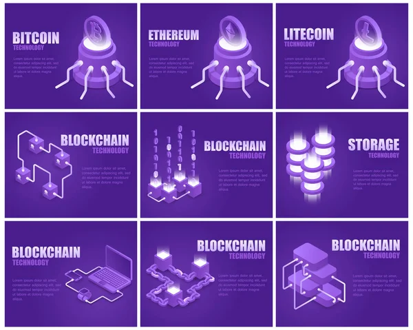 Establecer Tecnología Blockchain Concepto Ilustración Vectorial Criptomoneda Isométrica Dinero Digital — Vector de stock