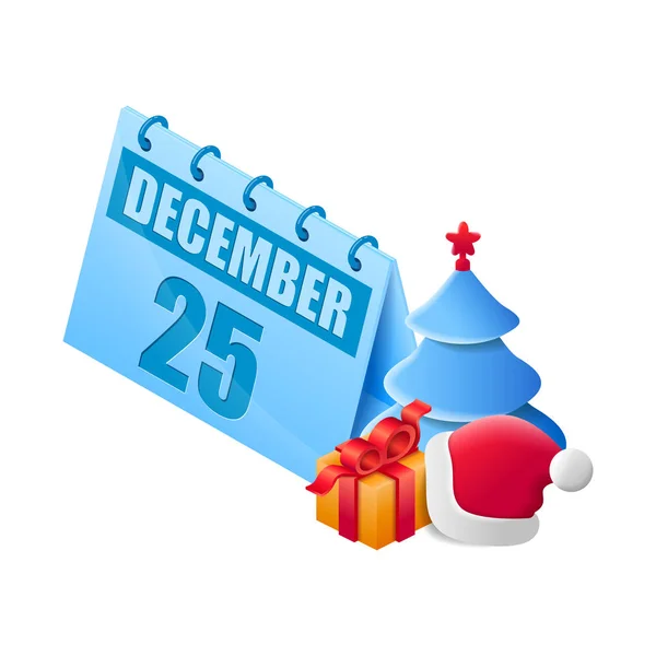 Isometric Calendar December Christmas Calendar Christmas Tree Gift Bow Santa — Stock Vector